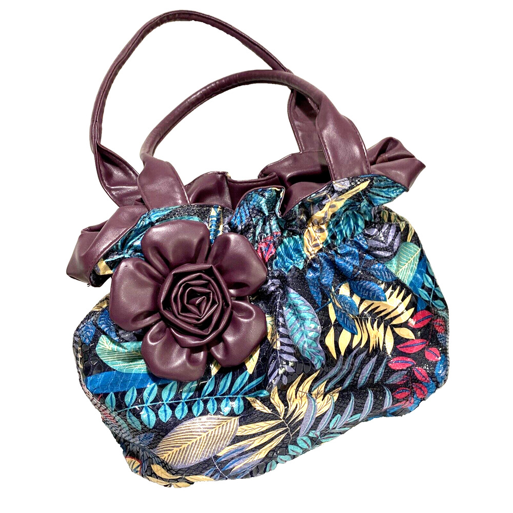 Vintage Bueno Purse Satchel Handbag Wet Look Unique Multi Color Floral Ruffles - Picture 4 of 11